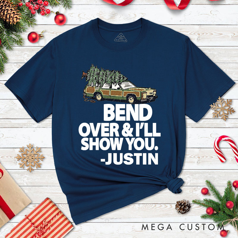 Personalized Couple Humor Bend Over and I'll Show You Christmas T-Shirt Couple Xmas Plaid Truck Matching T-Shirt for Husband Wife Boyfriend Girlfriend