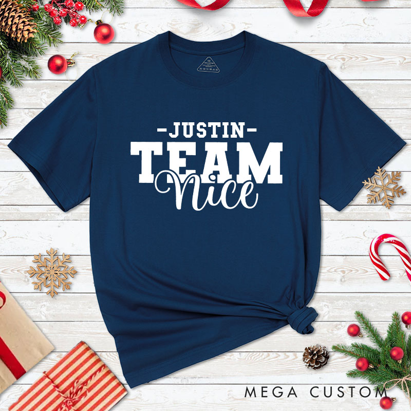Personalized Couple Team Nice and Team Naughty Christmas T-Shirt with Name Couple Xmas Matching T-Shirt for Husband Wife Boyfriend Girlfriend
