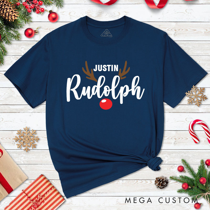 Personalized Couple Rudolph Most Likely to Try and Ride Rudolph Christmas T-Shirt Couple Xmas Matching T-Shirt for Husband Wife Boyfriend Girlfriend