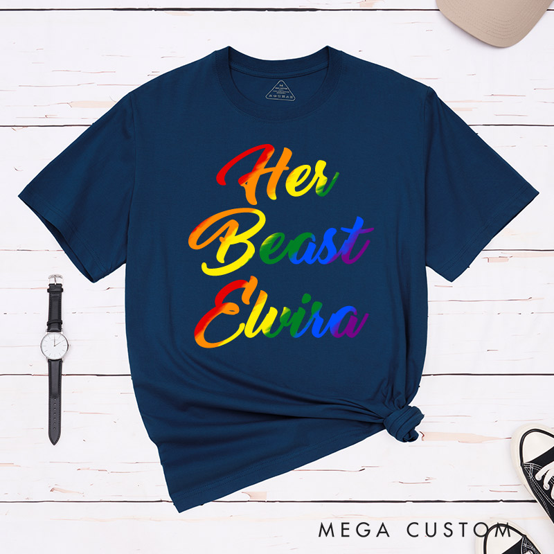 Personalized Her Beauty Her Beast Rainbow Couple T-Shirts LGBTQA+ Lesbian Matching Shirt LGBTQ Couple Matching Tee for Women