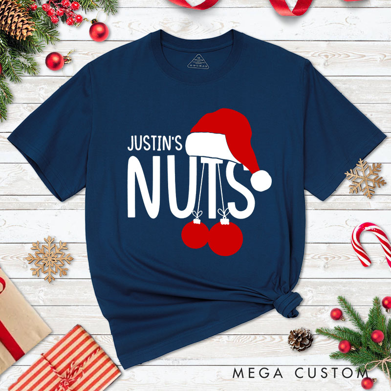 Personalized Couple Funny Nuts and Chest Christmas Matching T-Shirt Couple Xmas Santa Hats T-Shirt for Husband Wife Boyfriend Girlfriend