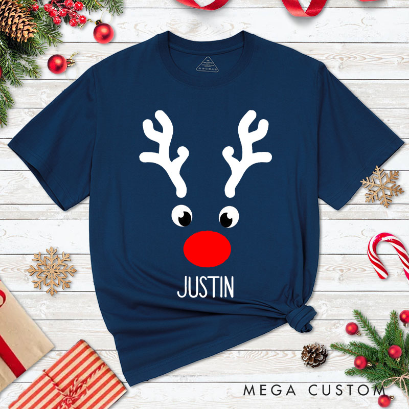Personalized Couple Cute Reindeer Faces with Antler Christmas Matching T-Shirt Couple Xmas T-Shirt for Husband Wife Boyfriend Girlfriend