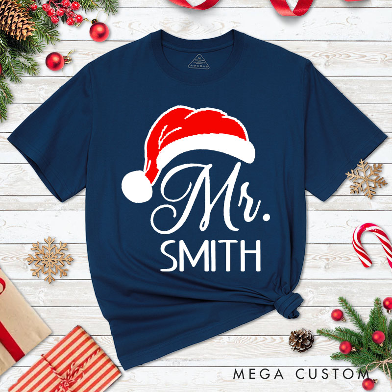 Personalized Couple Mr. and Mrs. with Santa Hat Christmas Matching T-Shirt Couple Xmas T-Shirt for Husband Wife Boyfriend Girlfriend Tee Tops