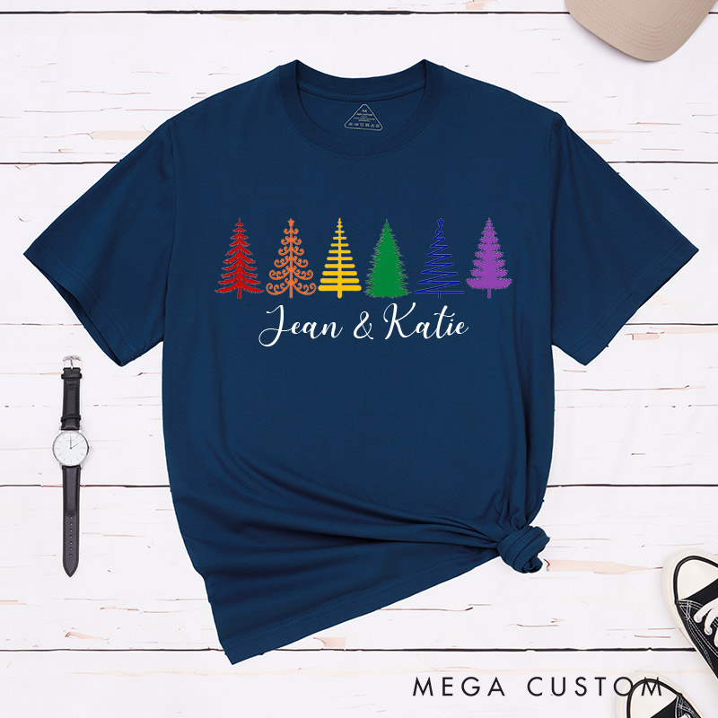 Personalized Rainbow Christmas Trees Couple T-Shirts LGBTQA+ Couple Matching Shirt Christmas Lesbian Gay Couple Shirt