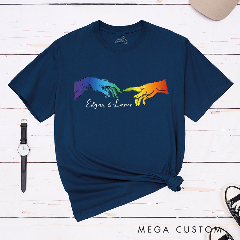 Personalized LGBTQA+ Rainbow Hands Couple T-Shirts LGBTQ Gay Couple Matching Shirt with Name Matching Tee for LGBTQA+