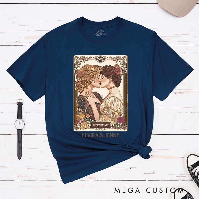 Personalized Romantic Art Lesbian Couple T-Shirts LGBTQA+ Lesbian Couple Matching Shirt for Her Vintage Romance Tee for Lesbian 
