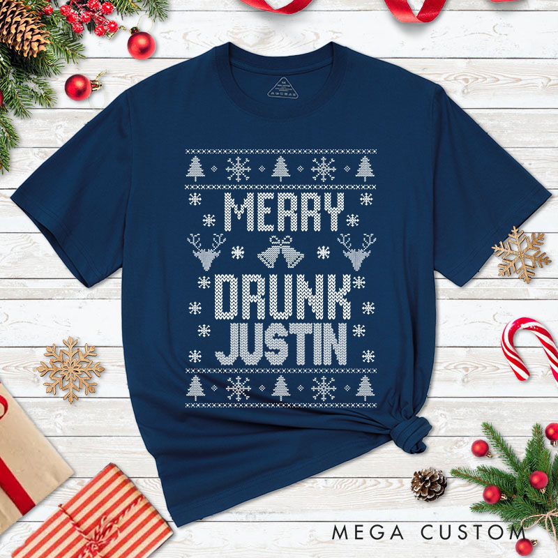 Personalized Couple Merry Drunk and We’re Christmas T-Shirt with Name Couple Xmas Matching T-Shirt for Husband Wife Boyfriend Girlfriend Tee Tops