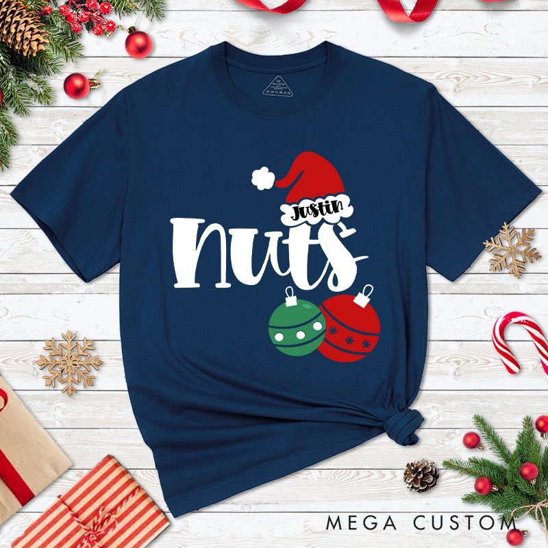 Personalized Couple Funny Nuts and Chest with Santa Hat T-Shirt Couple Xmas Matching T-Shirt for Husband Wife Boyfriend Girlfriend Tee Tops