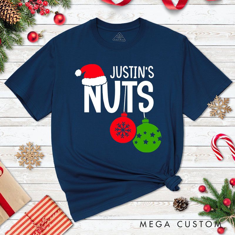 Personalized Couple Humor Nuts and Chest with Santa Hat T-Shirt Couple Xmas Matching T-Shirt for Husband Wife Boyfriend Girlfriend Tee Tops