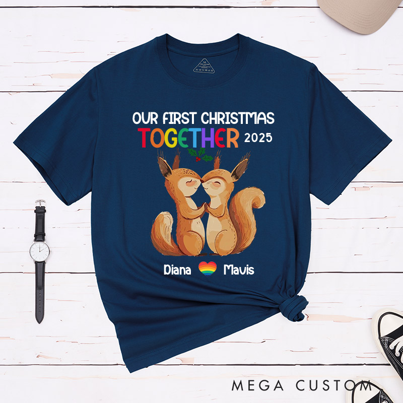Personalized Our First Christmas Together Couple T-Shirts LGBTQA+ Gay Lesbian Couple Matching Shirt LGBTQ Couple Tee for Lesbian Gay