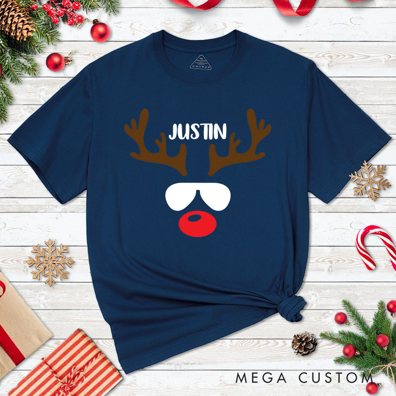 Personalized Couple Reindeer with Sunglasses Christmas T-Shirt Couple Xmas Reindeer with Bow Matching Shirt for Husband Wife Boyfriend Girlfriend Tees