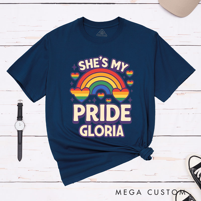 Personalized She's My Pride Rainbow Couple T-Shirts LGBTQ Rainbow Lesbian Matching Rainbow Couple Tee for Lesbian 