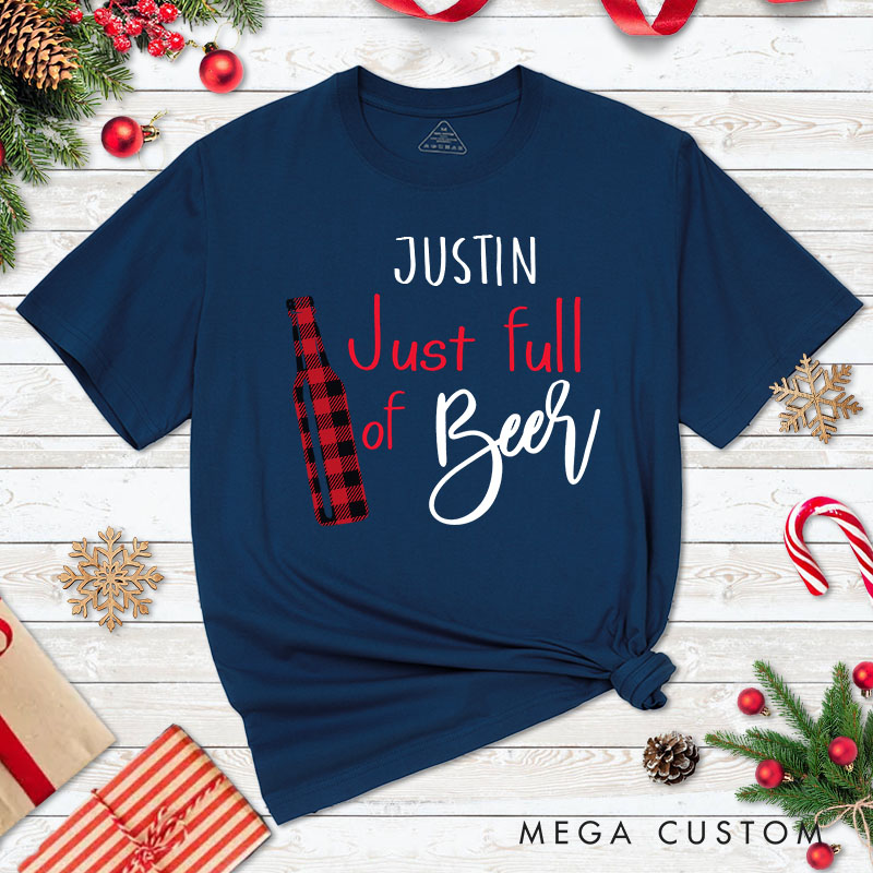 Personalized Couple Plaid Just Full of Beer and Full of Holiday Cheer Christmas T-Shirt Couple Xmas T-Shirt for Husband Wife Boyfriend Girlfriend Tees