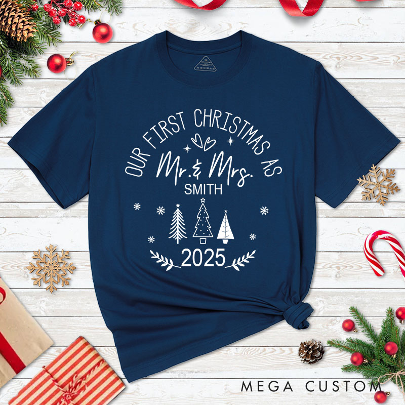 Personalized Couple Our First Christmas as Mr. & Mrs. Matching T-Shirt Couple Heart and Xmas Tree T-Shirt for Husband Wife Tee Tops