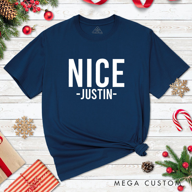 Personalized Couple Minimalist Nice and Naughty Christmas Matching T-Shirt Couple Xmas T-Shirt for Husband Wife Boyfriend Girlfriend Tee Tops