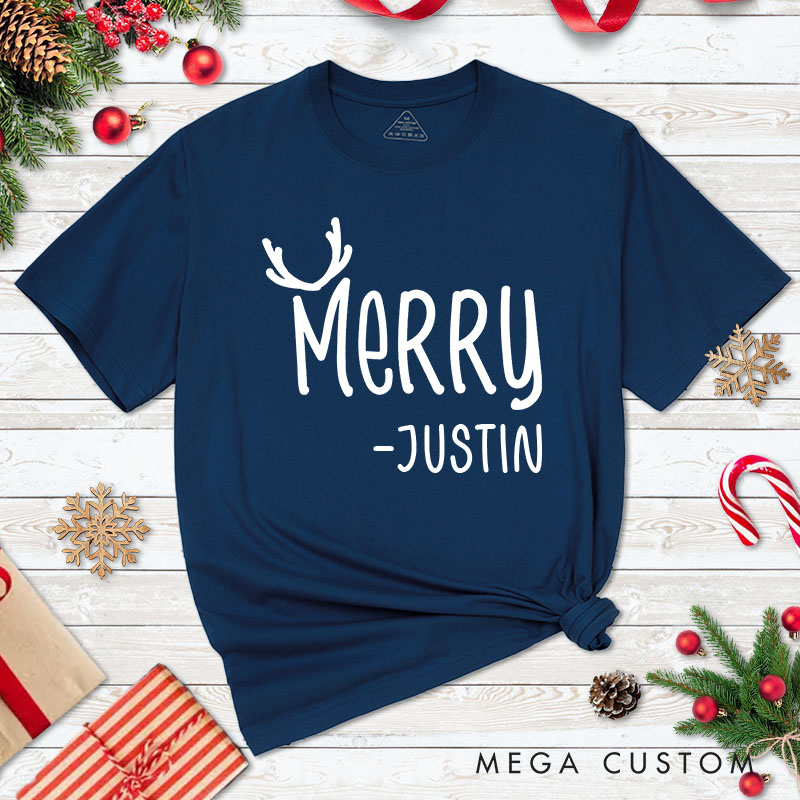 Personalized Couple Merry and Christmas with Antler Christmas Matching T-Shirt Couple Xmas T-Shirt for Husband Wife Boyfriend Girlfriend Tee Tops