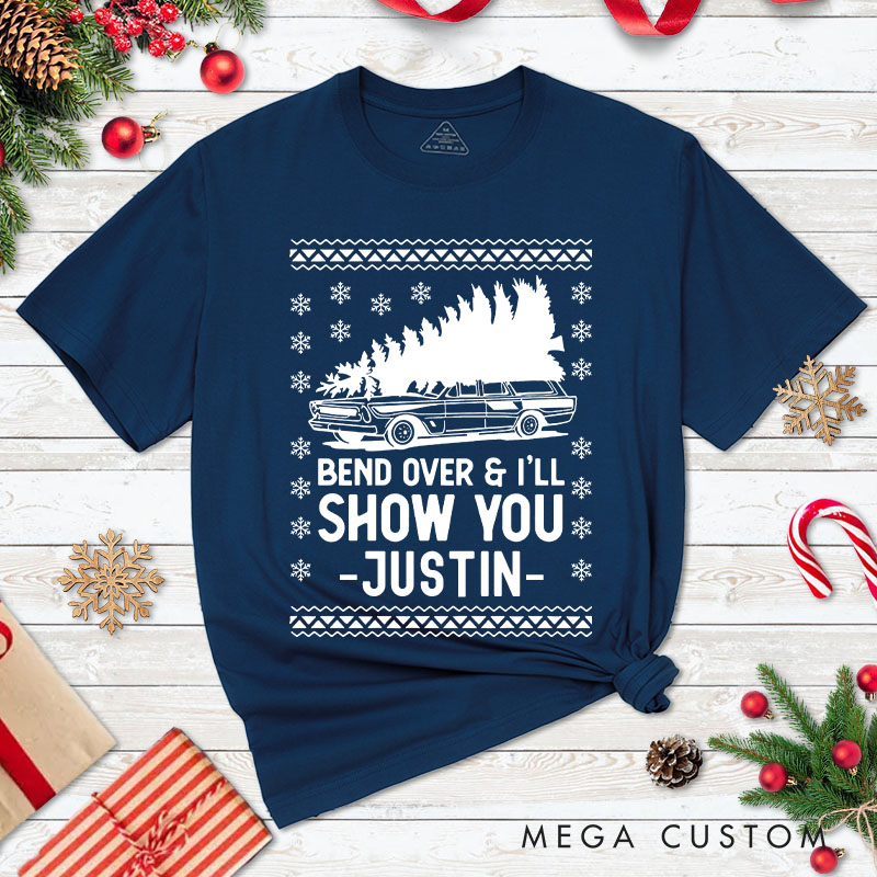 Personalized Couple Bend Over and I'll Show You Christmas Matching T-Shirt Car and Xmas Tree T-Shirt for Husband Wife Boyfriend Girlfriend Tee Tops