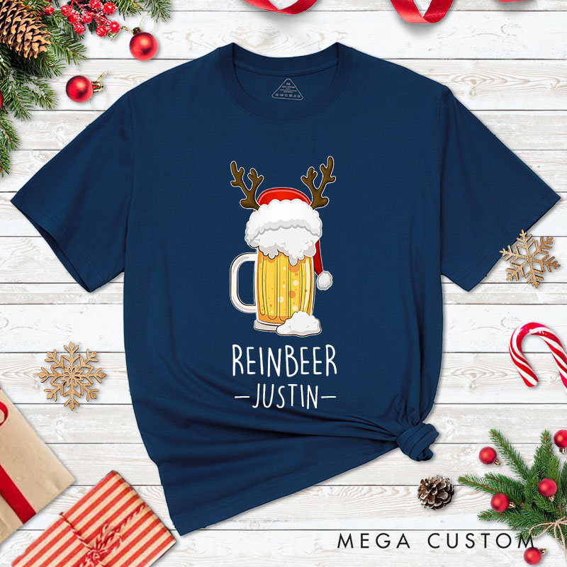Personalized Couple Reinbeer and Winedeer Christmas Matching T-Shirt Couple Beer and Wine Xmas T-Shirt for Husband Wife Boyfriend Girlfriend Tee Tops