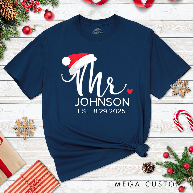 Personalized Couple Elegant Mr. and Mrs. with Santa Hats Christmas T-Shirt Couple Xmas Matching T-Shirt for Husband Wife Boyfriend Girlfriend Tee Tops