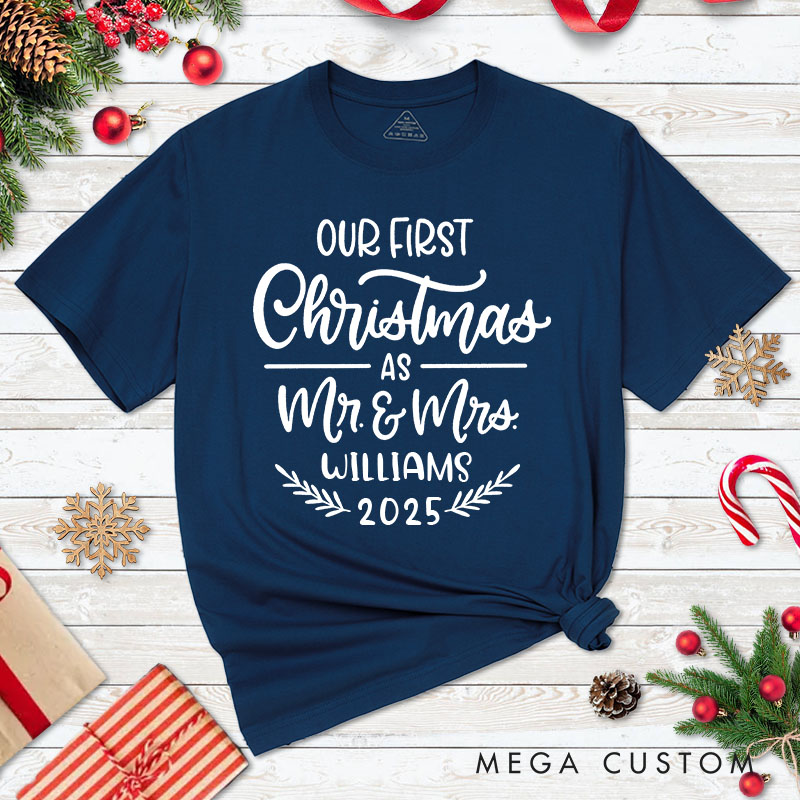 Personalized Couple Our First Christmas as Mr. & Mrs. Christmas T-Shirt Couple Xmas 2025 Matching T-Shirt for Husband Wife Boyfriend Girlfriend Tees