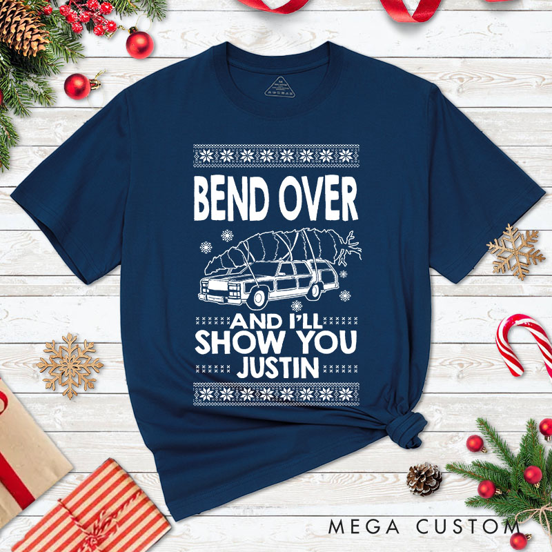 Personalized Couple Fun Bend Over and I’ll Show You Christmas T-Shirt Xmas Ugly Sweater Design Matching T-Shirt for Husband Wife Boyfriend Girlfriend