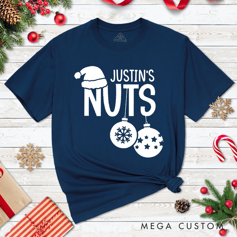 Personalized Couple Fun Nuts and Chest Christmas Matching T-Shirt with Name Couple Xmas Balls and Wreath T-Shirt for Husband Wife Boyfriend Girlfriend
