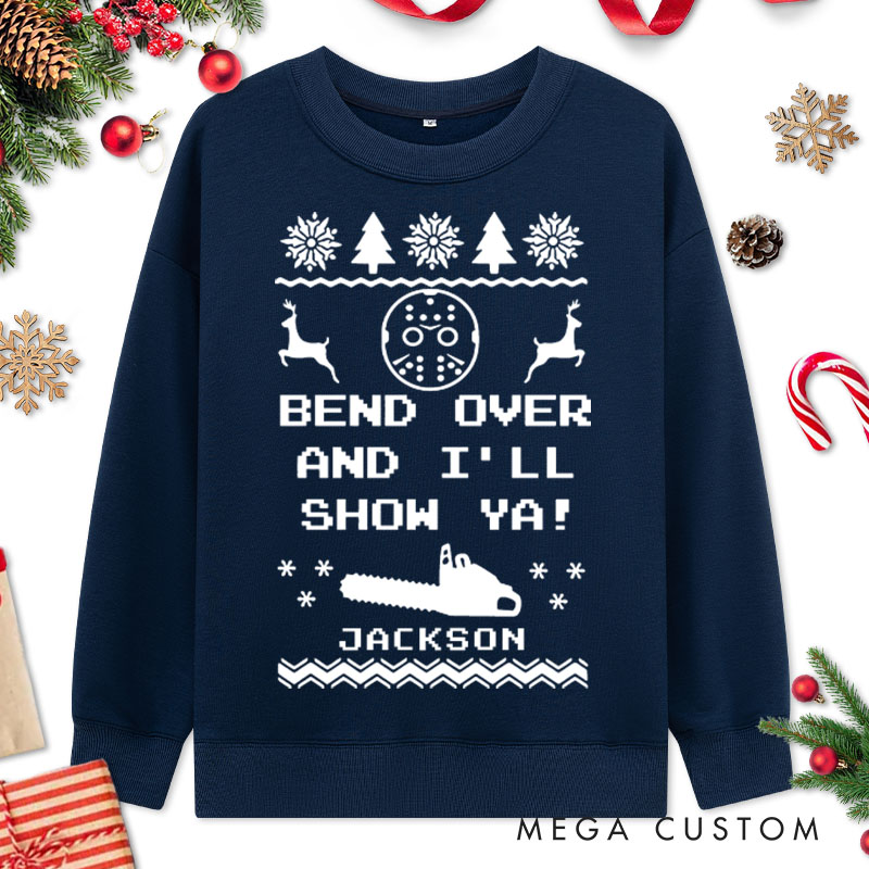 Personalized Couple Bend Over and I’ll Show Ya Christmas Sweatshirt Couple Xmas Ugly Sweater Matching Sweatshirt for Husband Wife Boyfriend Girlfriend