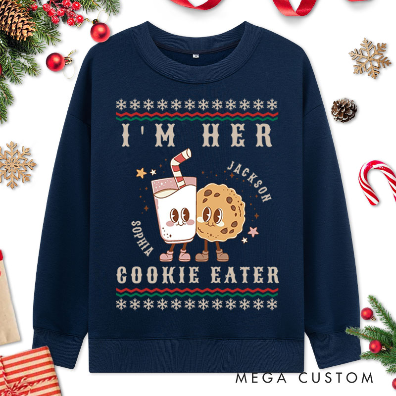 Personalized Couple I'm Her Cookie Eater Christmas Sweatshirt Couple I’m His Milk Drinker Matching Sweatshirt for Husband Wife Boyfriend Girlfriend