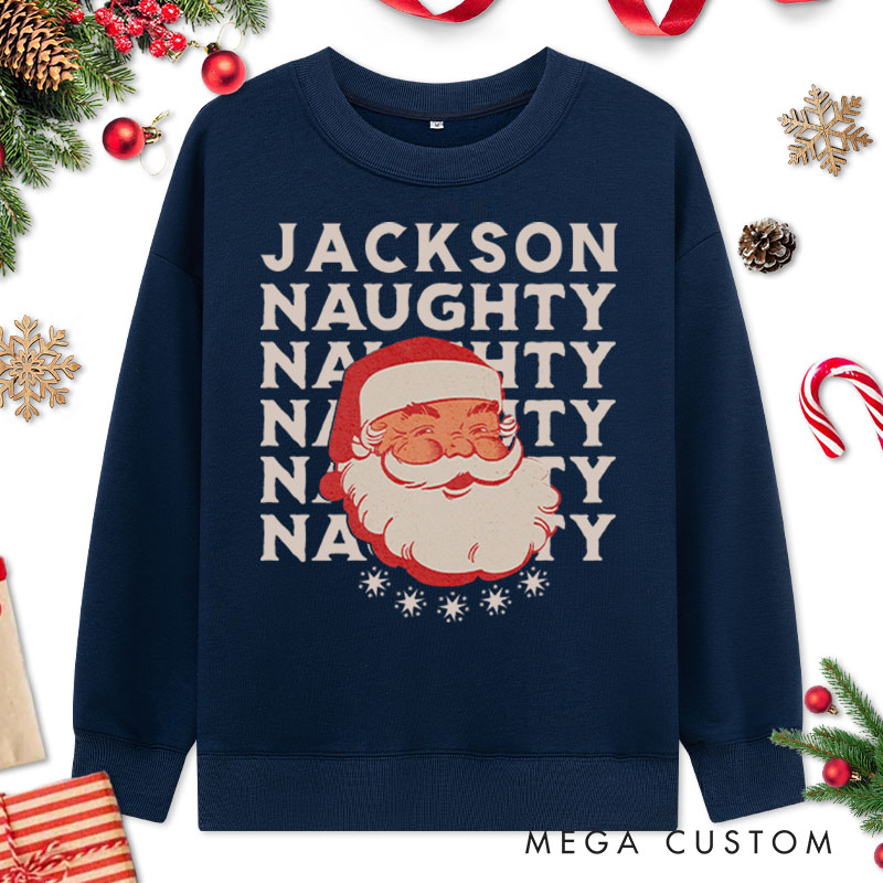 Personalized Couple Naughty and Nice with Santa Christmas Sweatshirt Couple Xmas Matching Crewneck Sweatshirt for Husband Wife Boyfriend Girlfriend