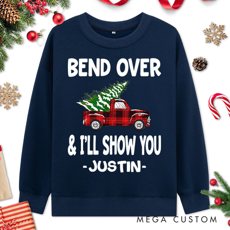 Personalized Couple Bend Over and I’ll Show You Christmas Sweatshirt Xmas Plaid Truck with Tree Sweatshirt for Husband Wife Boyfriend Girlfriend