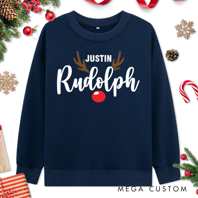 Personalized Couple Rudolph and Most Likely to Try and Ride Rudolph Christmas Sweatshirt Xmas Antler Sweatshirt for Husband Wife Boyfriend Girlfriend