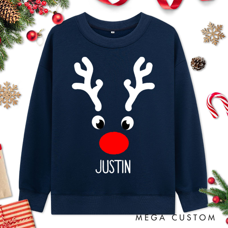 Personalized Couple Cute Christmas Reindeer Matching Sweatshirt with Name Couple Xmas Antler Crewneck Sweatshirt for Husband Wife Boyfriend Girlfriend