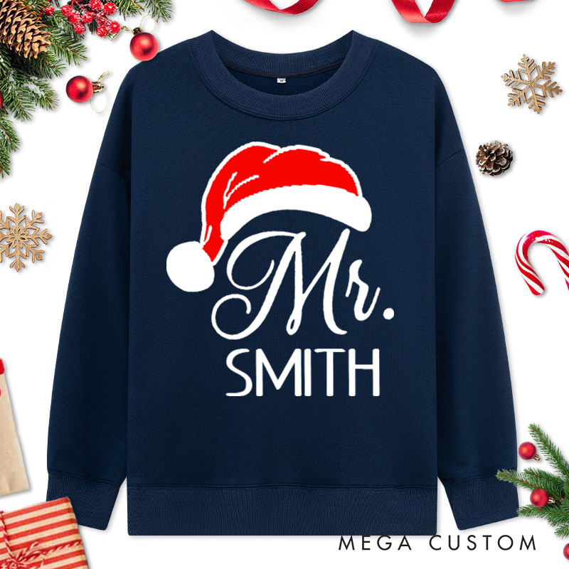 Personalized Couple Mr. and Mrs. with Santa Hats Christmas Sweatshirt Couple Xmas Matching Crewneck Sweatshirt for Husband Wife Boyfriend Girlfriend