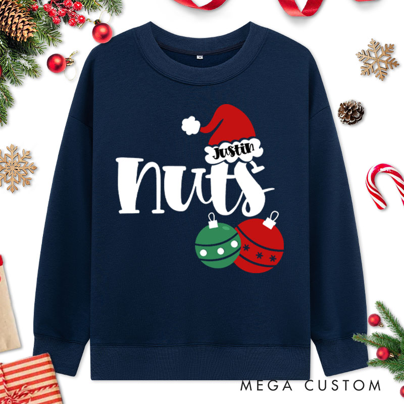 Personalized Couple Funny Nuts with Christmas Balls and Chest with Wreath Sweatshirt Couple Xmas Sweatshirt for Husband Wife Boyfriend Girlfriend