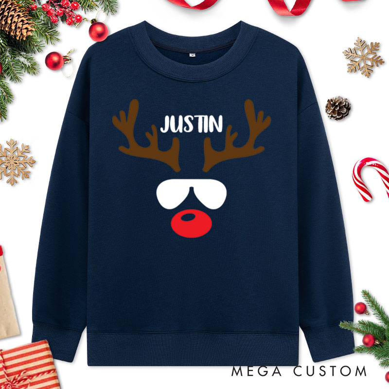 Personalized Couple Reindeer with Sunglasses and Reindeer with Bow Christmas Sweatshirt Xmas Matching Sweatshirt for Husband Wife Boyfriend Girlfriend