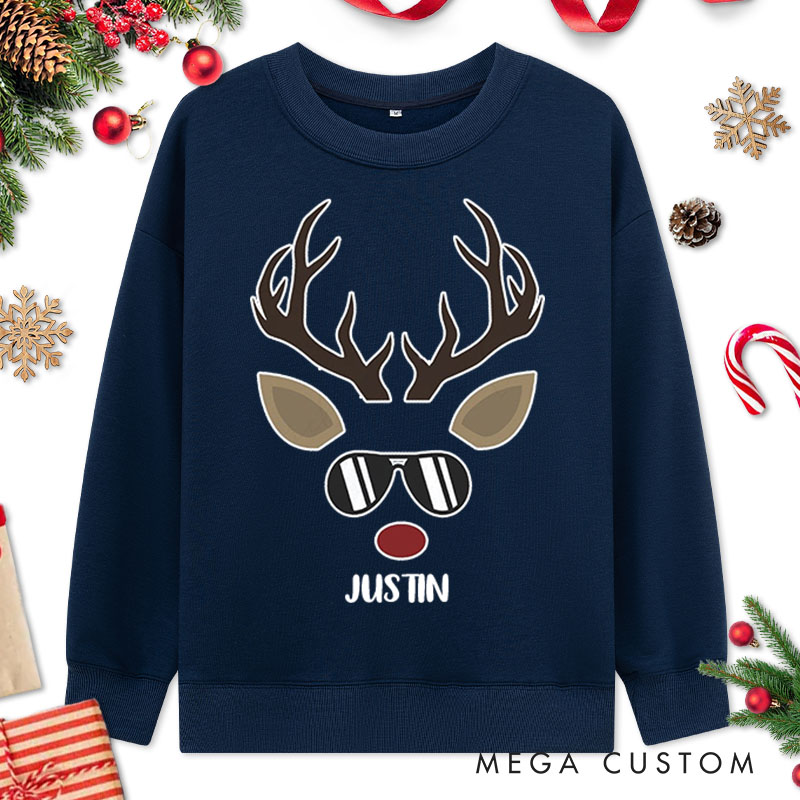 Personalized Couple Cool Reindeer with Sunglasses Christmas Sweatshirt Couple Chic Reindeer with Bow Sweatshirt for Husband Wife Boyfriend Girlfriend