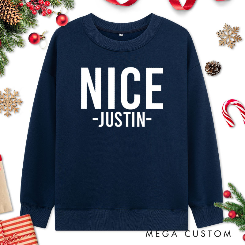 Personalized Couple Minimalist Nice and Naughty Christmas Sweatshirt Couple Xmas Crewneck Sweatshirt for Husband Wife Boyfriend Girlfriend