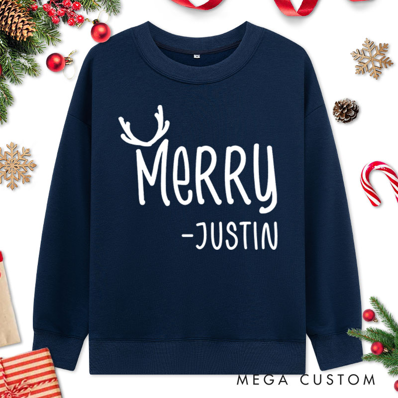 Personalized Couple Cute Merry and Christmas with Antler Sweatshirt Couple Xmas Crewneck Sweatshirt for Husband Wife Boyfriend Girlfriend