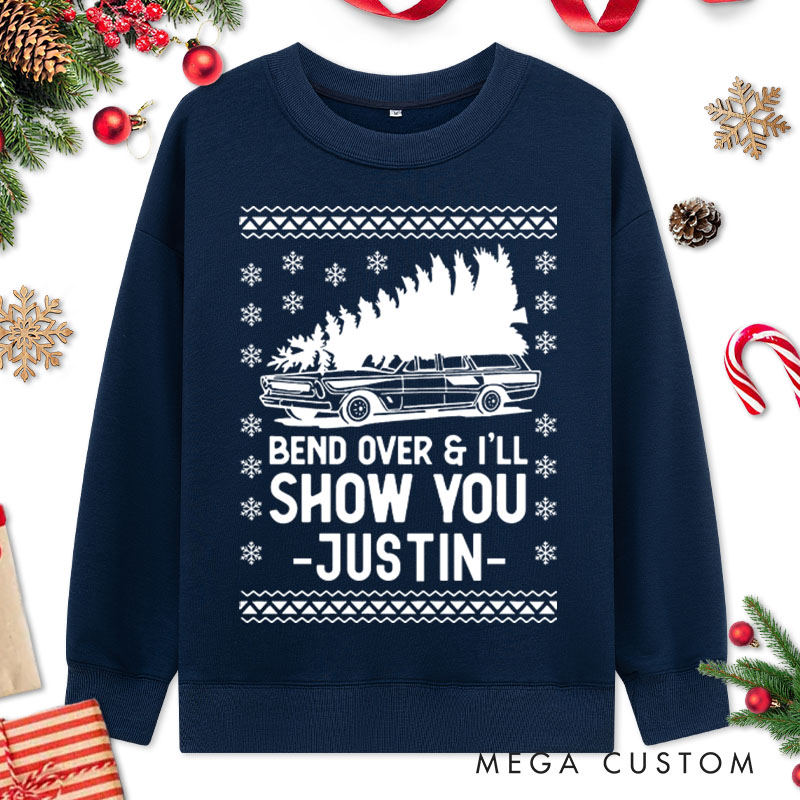 Personalized Couple Bend Over and I'll Show You Sweatshirt Xmas Truck Ugly Sweater Couple Matching Sweatshirt for Husband Wife Boyfriend Girlfriend