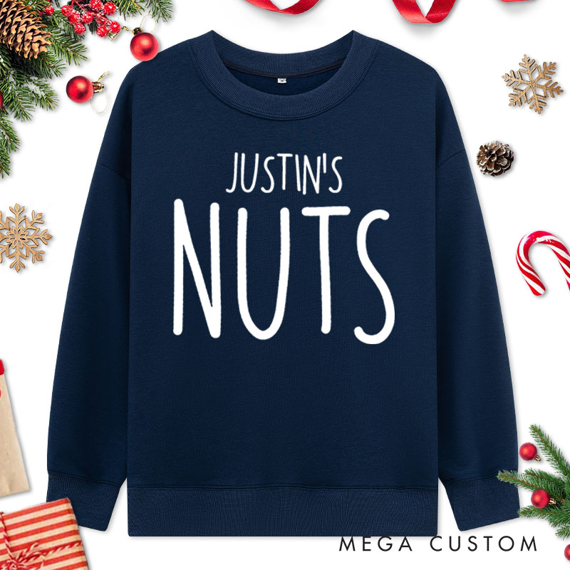 Personalized Couple Minimalist Nuts and Chest Christmas Sweatshirt with Name Xmas Matching Crewneck Sweatshirt for Husband Wife Boyfriend Girlfriend