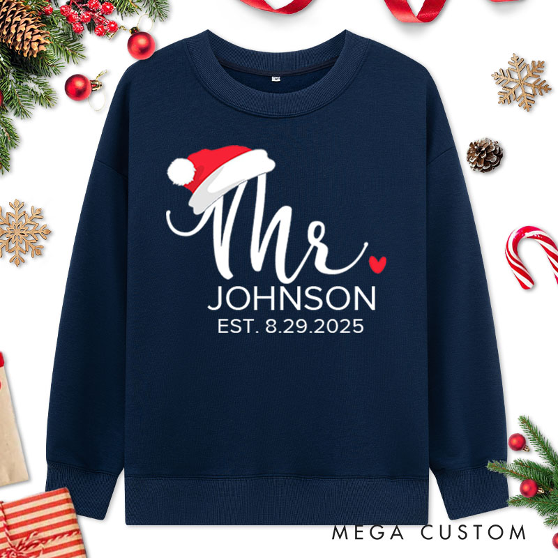 Personalized Couple Mr. and Mrs. with Santa Hats and Heart Christmas Sweatshirt Couple Xmas Matching Sweatshirt for Husband Wife Boyfriend Girlfriend
