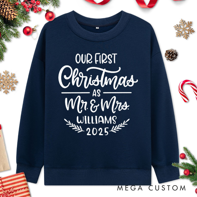 Personalized Couple Our First Christmas as Mr. and Mrs with Wreath Sweatshirt Couple Xmas Matching Crewneck Sweatshirt for Husband Wife Hubby Wifey