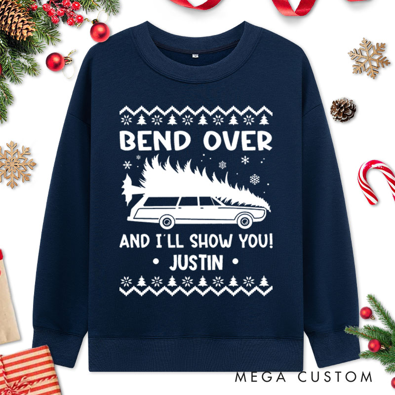 Personalized Couple Bend Over And I’ll Show You Xmas Sweatshirt Christmas Ugly Sweater with Snowflake Sweatshirt for Husband Wife Boyfriend Girlfriend