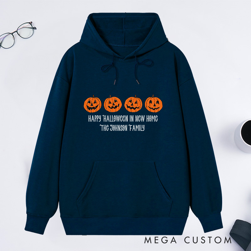 Personalized Hoodie Happy Halloween in New Home Design Custom Family Name Pumpkin Theme Comfortable Sweatshirt for Housewarming Halloween Gift
