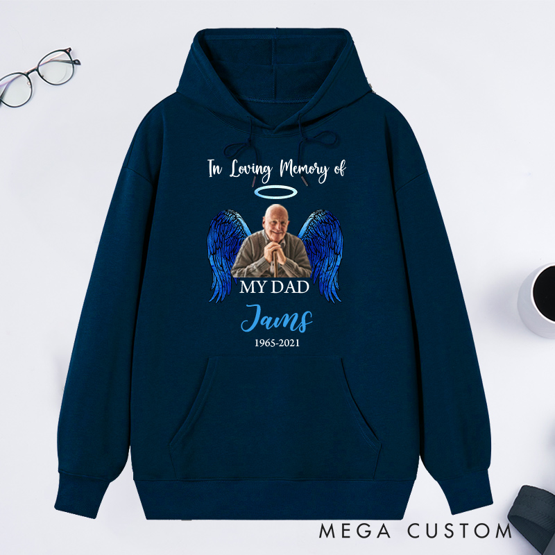 Personalized in Loving Memory Hoodie Custom Photo Name Date Sympathy Gift for Loss of Father Angel Wings Sweatshirt 