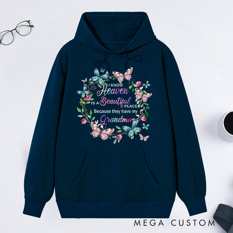 Personalized Heaven Beautiful Place Grandma Hoodie Butterfly Wreath Design Sympathy Gift for Loss of Grandma Tribute