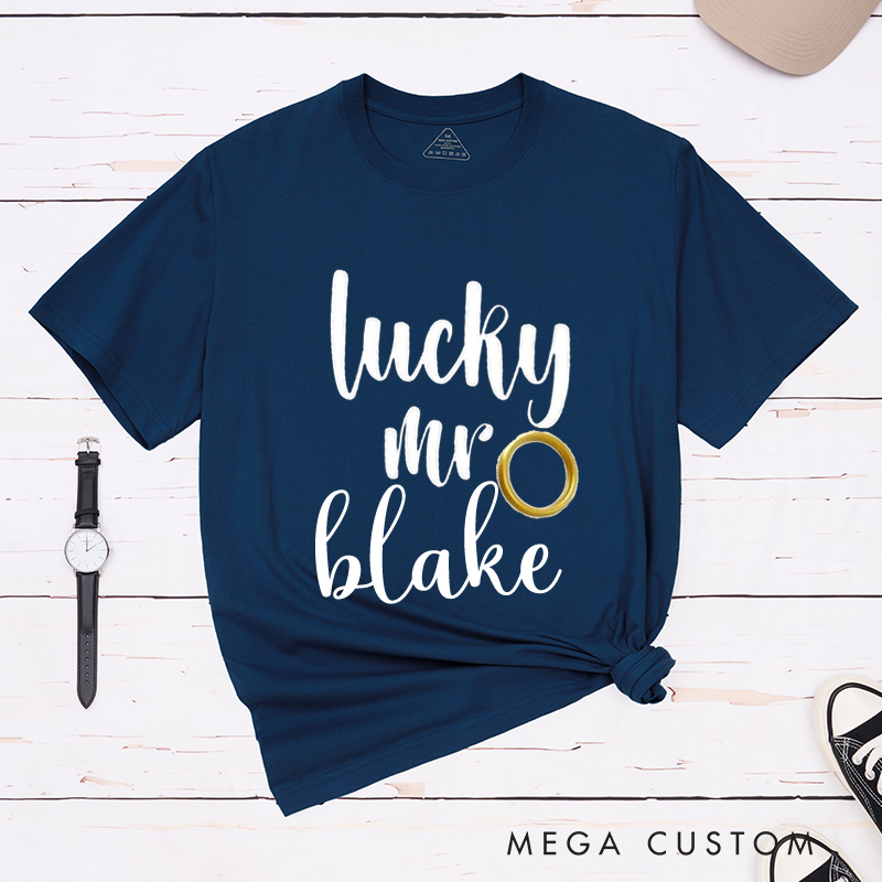 Personalized Playful Lucky Mr and Future Mrs with Rings Matching Engagement Couple Classic T-Shirt