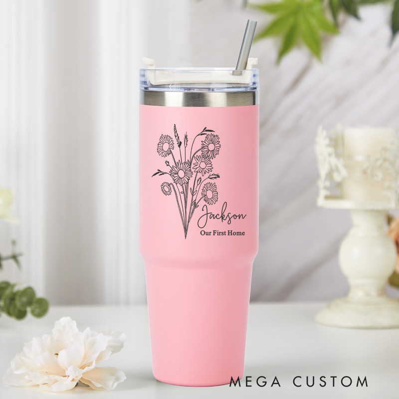 Personalized Insulated Stainless Steel Tumbler Our First Home Cup with Floral Design Custom Housewarming Cup Our First Home  Gift