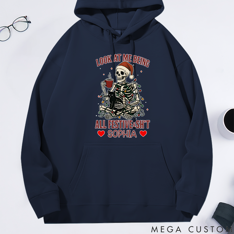 Personalized Classic Hoodie Christmas Skeleton Coffee Black Cat Theme