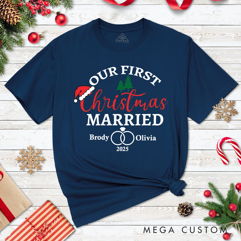 Personalized Couple Our First Christmas Married T-Shirt Custom Newlyweds Wedding Rings Xmas Shirt for Husband Wife Just Married Tee Top Christmas Gift